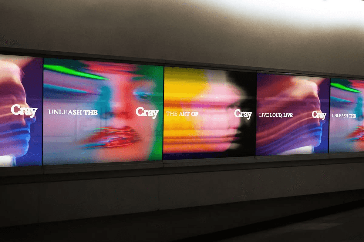 Row of digital billboards glowing with colourful motion graphics